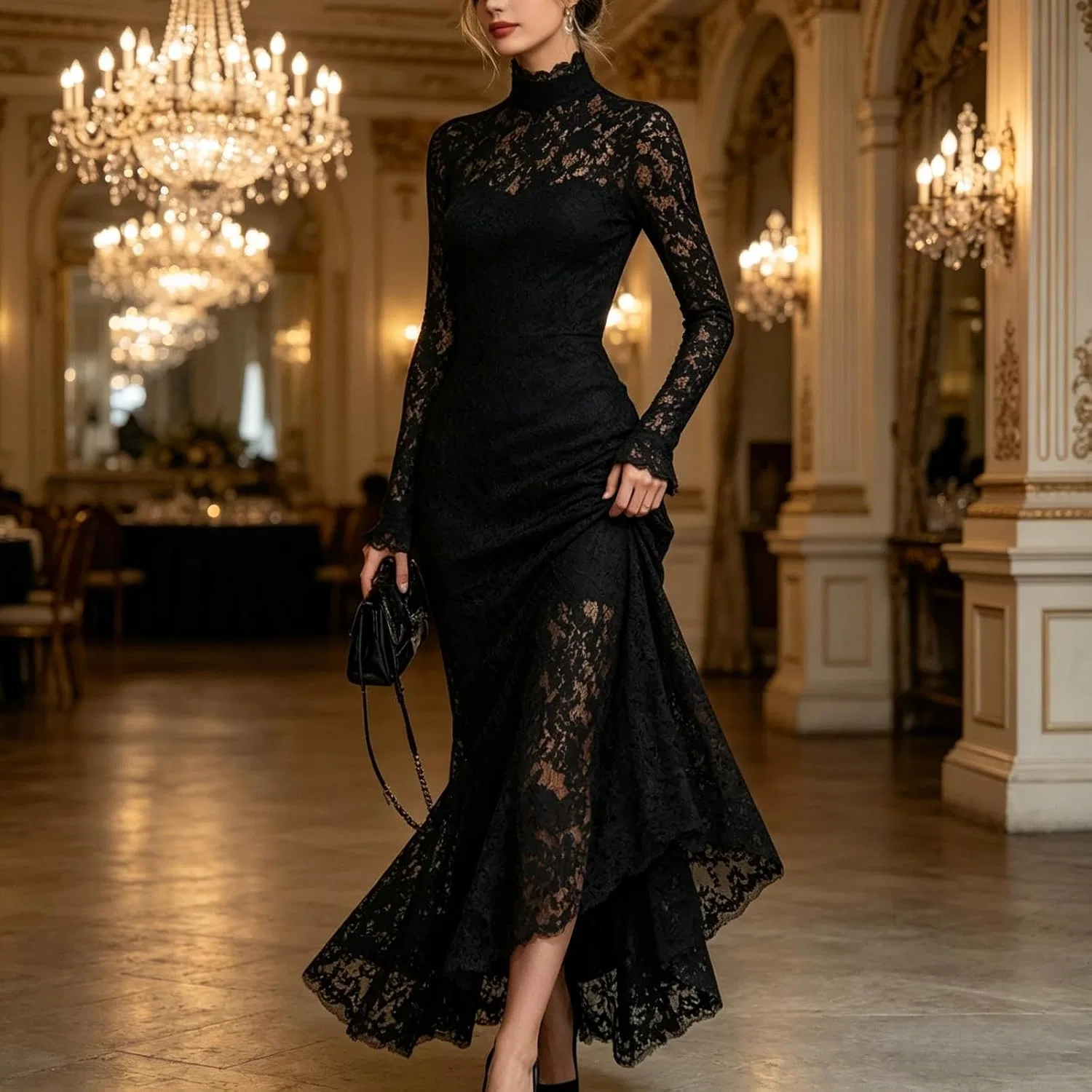 Женское кружевное платье-макси с длинным рукавом, Black — фото 3