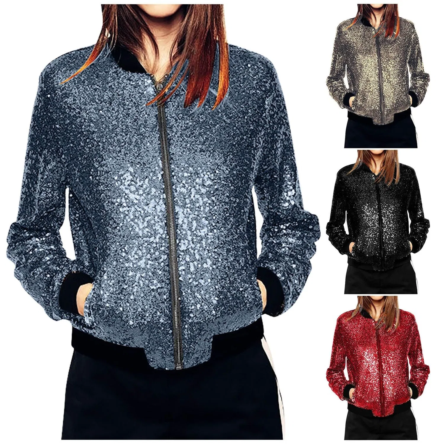 Женское пальто с пайетками с длинным рукавом, A