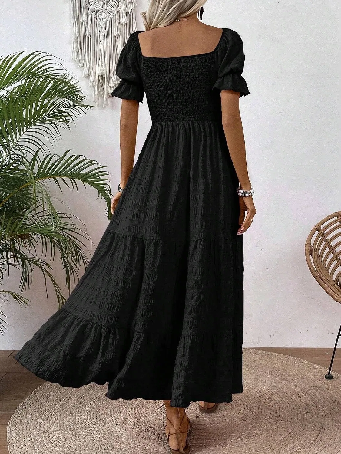 Женское летнее платье макси с пышными рукавами A-line, Black — фото 3