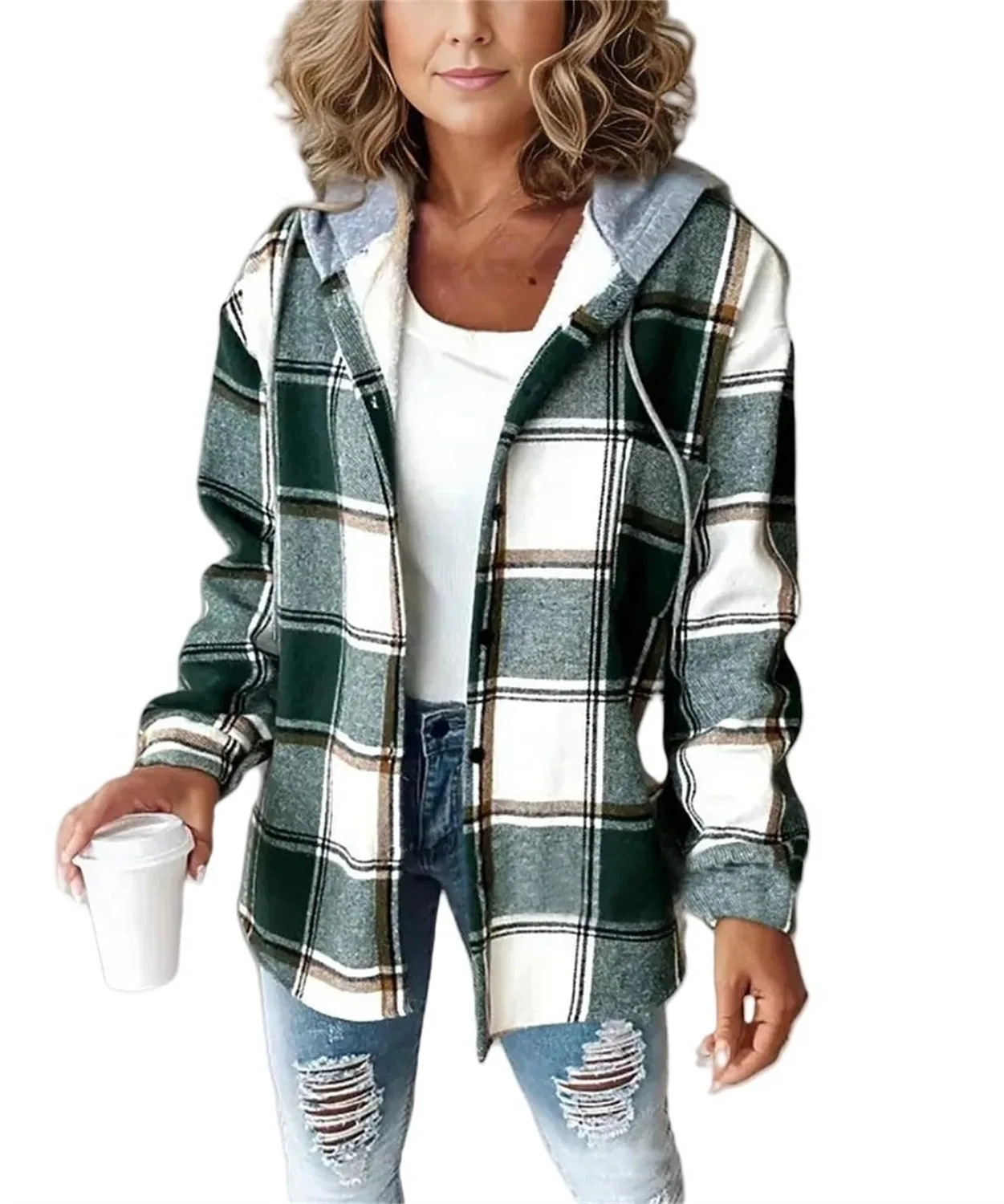 Женская куртка с принтом в клетку с завязками, модель Women Fashion Red Plaid Print Drawstring Jacket, Verde, A Quadretti