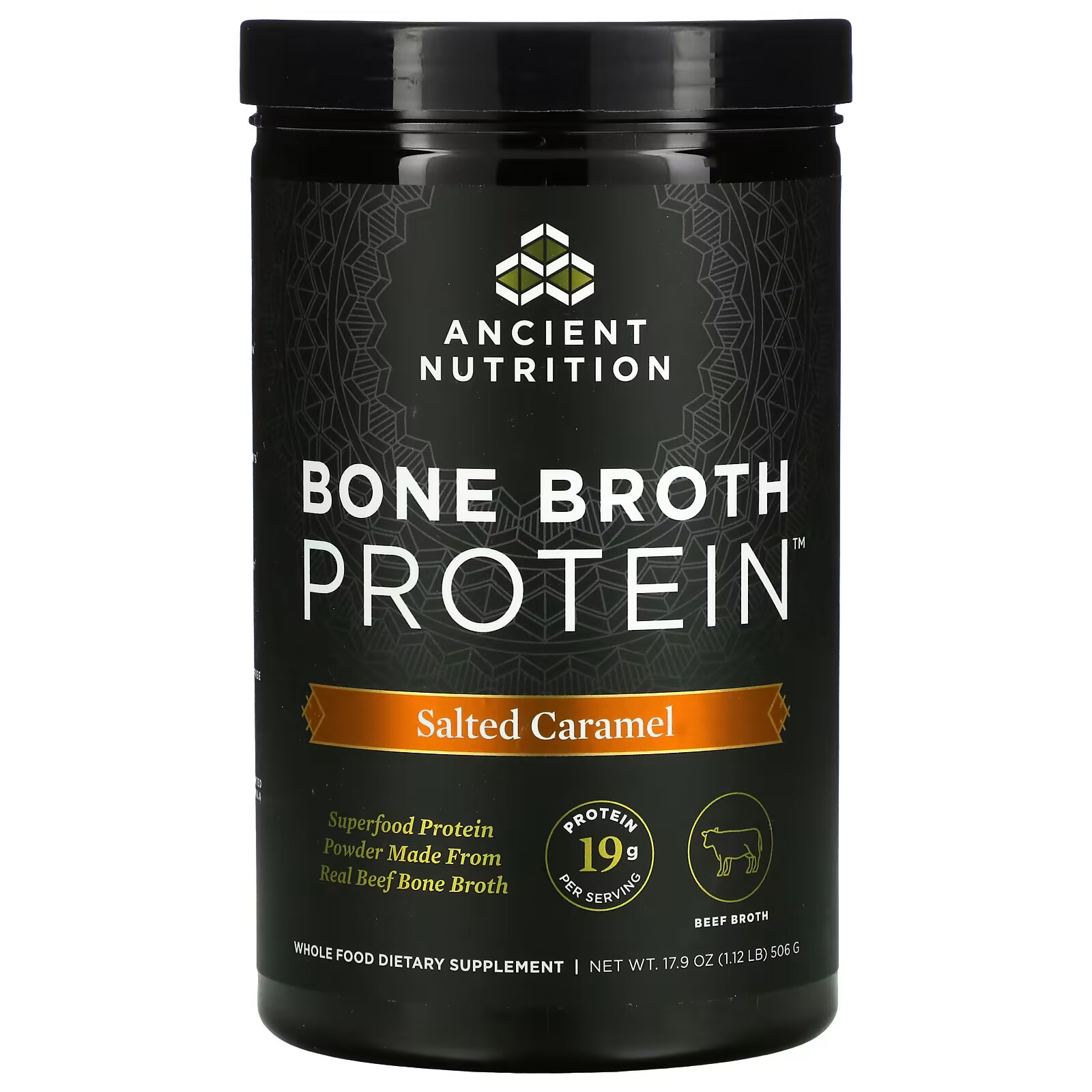 Dr. Axe / Ancient Nutrition, Bone Broth Protein, соленая карамель, 506 г (1,12 фунта) - фото