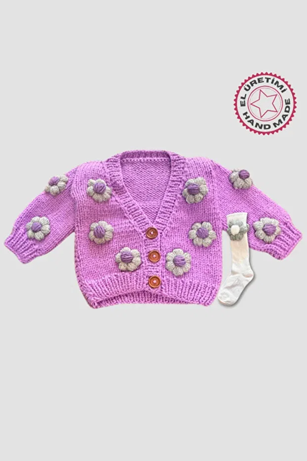 Детский кардиган для девочек с цветочным мотивом Gülnur 2184 - 4 year old girl flower motif knitted cardigan and socks set Uretti, Purple
