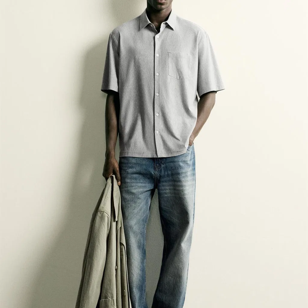 Мужская рубашка с лацканами в зеленую полоску ZARA, Green Stripes — фото 4