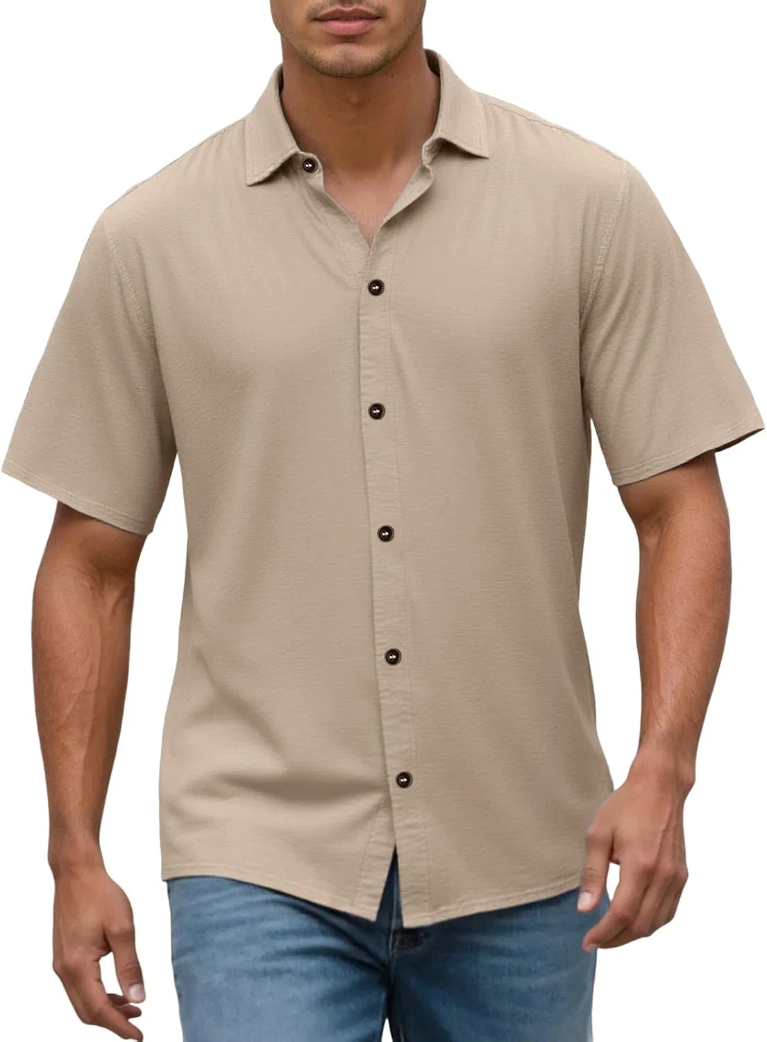 Мужская рубашка с коротким рукавом, хлопковая, slim fit, хаки