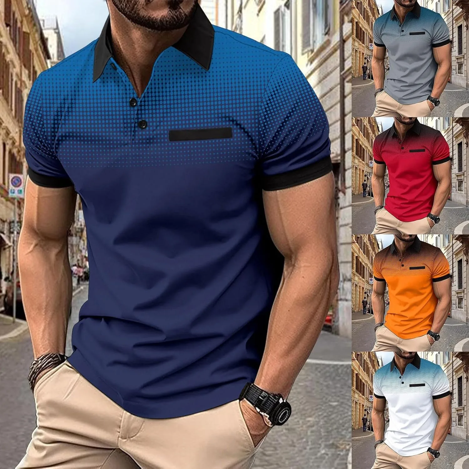 Мужская поло с коротким рукавом, V-образным вырезом и карманом, Slim Fit — фото 4