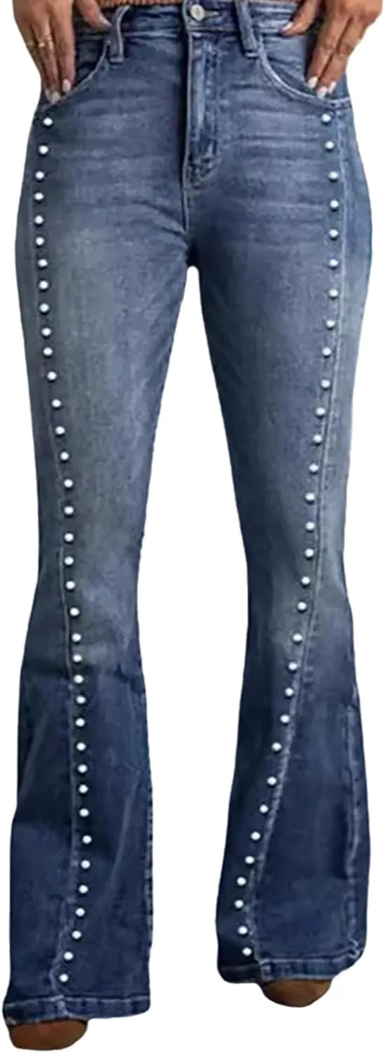 

Женские джинсы Bell Bottom с высокой талией, растягивающиеся, потертые TACSTRUN