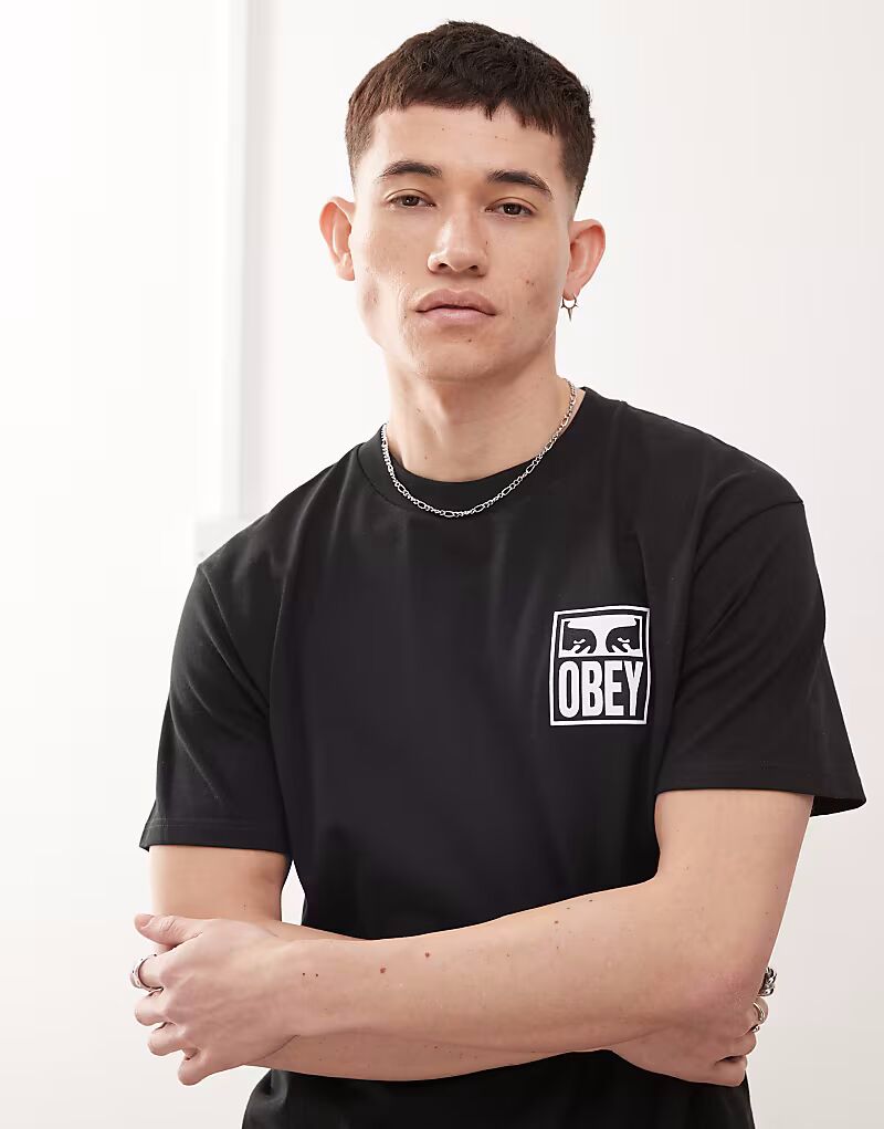 

Футболка с логотипом Obey icon и графическим принтом на спине, черного цвета