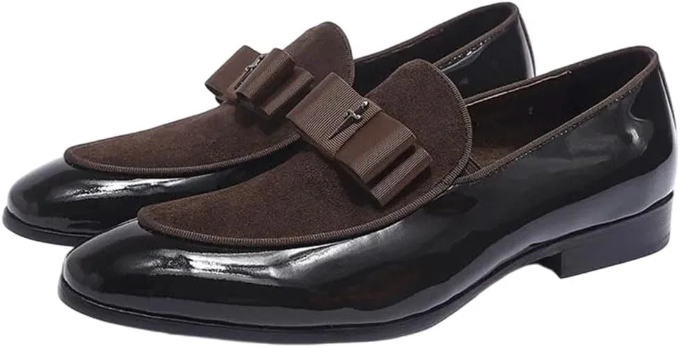 Лоферы кожаные замшевые Men All Season Loafer Shoes Patent Leather with Suede Slip On Party Wedding Banquet Dress Footwear, Brown