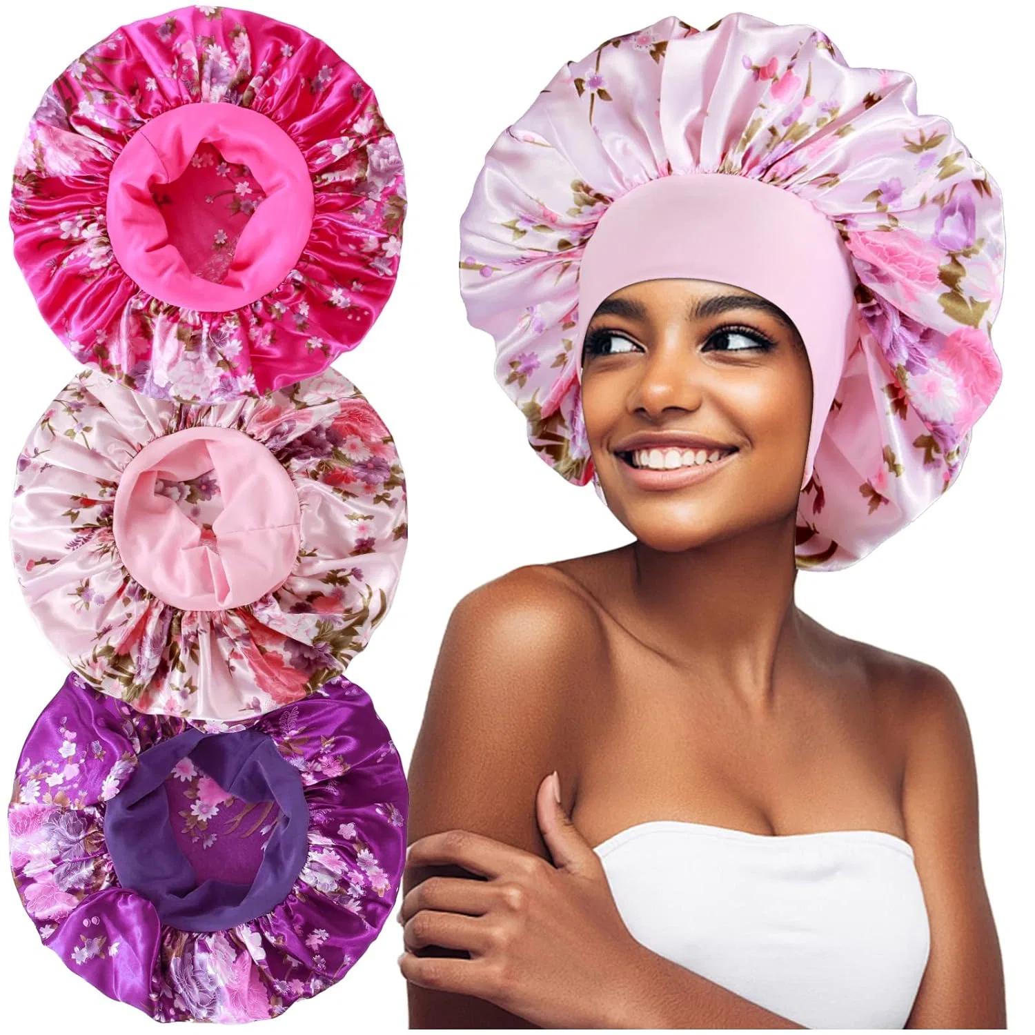 Шапочка для душа Satin Sleep Cap, Heniho, 3 шт, Flower Rose, Flower Purple