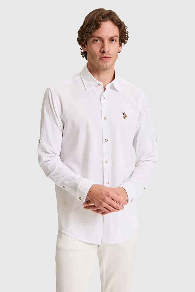 Мужская рубашка из льняной смеси с длинным рукавом U.S. Polo Assn., White — фото 4