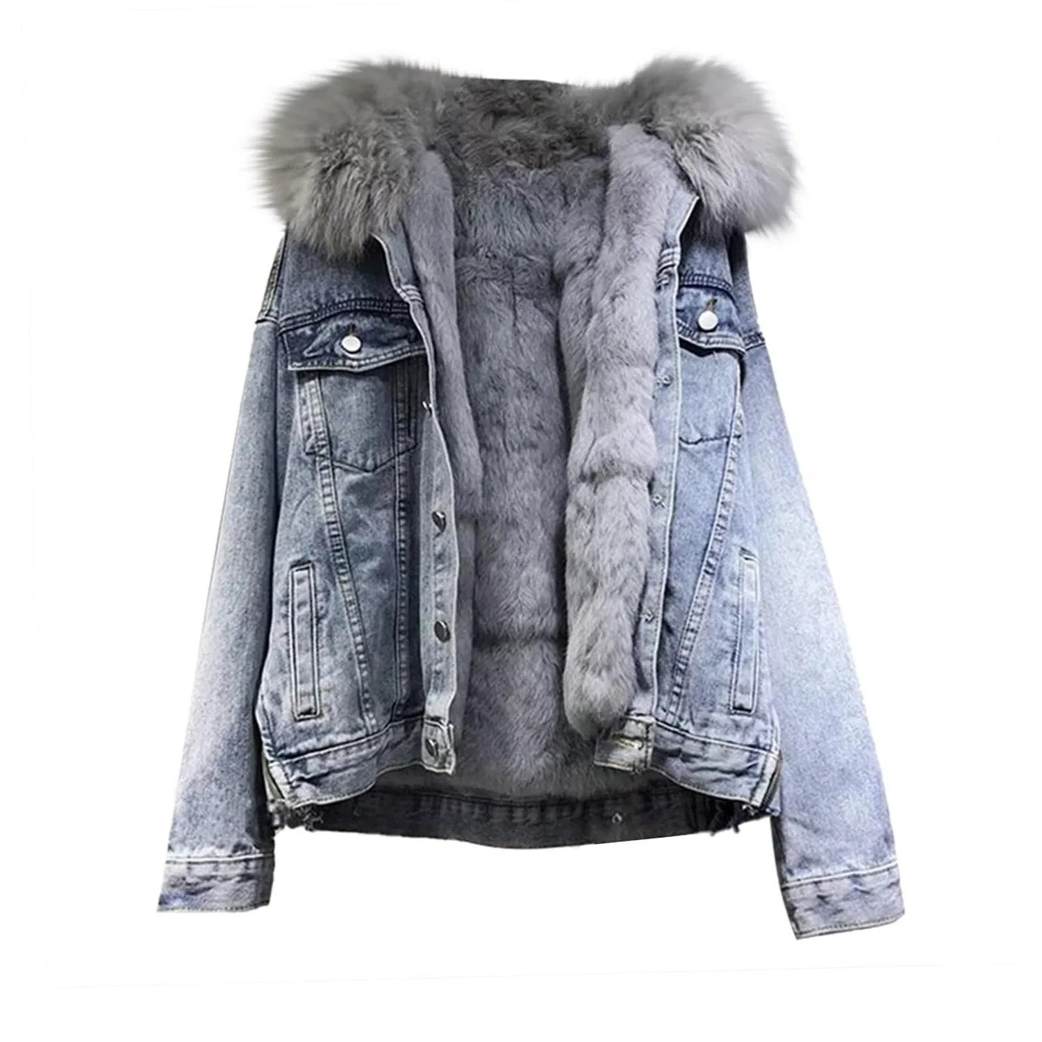 Женское джинсовое пальто с меховым капюшоном, на флисовой подкладке, blue