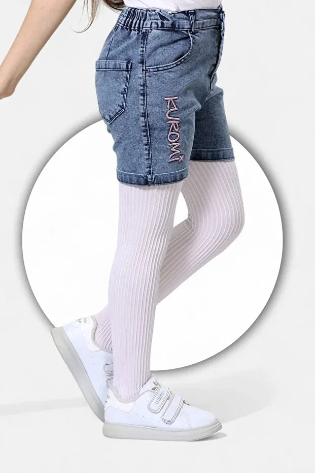 Детские шорты для девочек с вышивкой Kuromi Embroidered-Cotton-Snow Washed-Half Elastic-Shorts For Girls Modiclas, Blue — фото 3