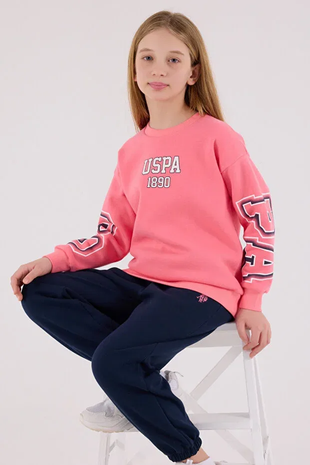 Детский комплект спортивного костюма для девочек с вышивкой U.S. Polo Assn., Neon Pink — фото 2