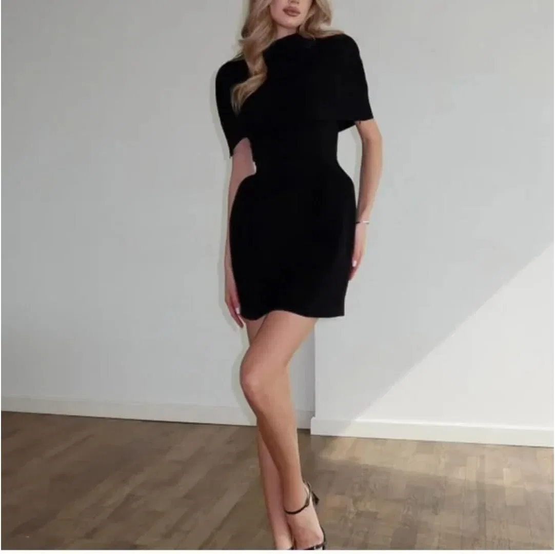 Женское мини-платье с шальным воротником и утяжкой на талии, Black — фото 2