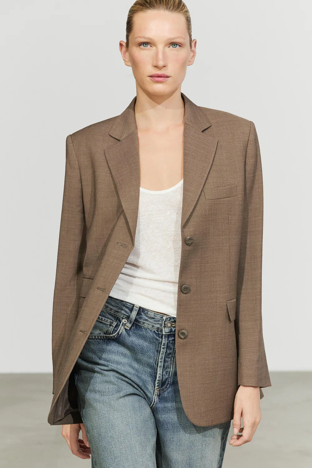 Блейзер Massimo Dutti, из 100% шерсти меланжевого плетения, коричневый