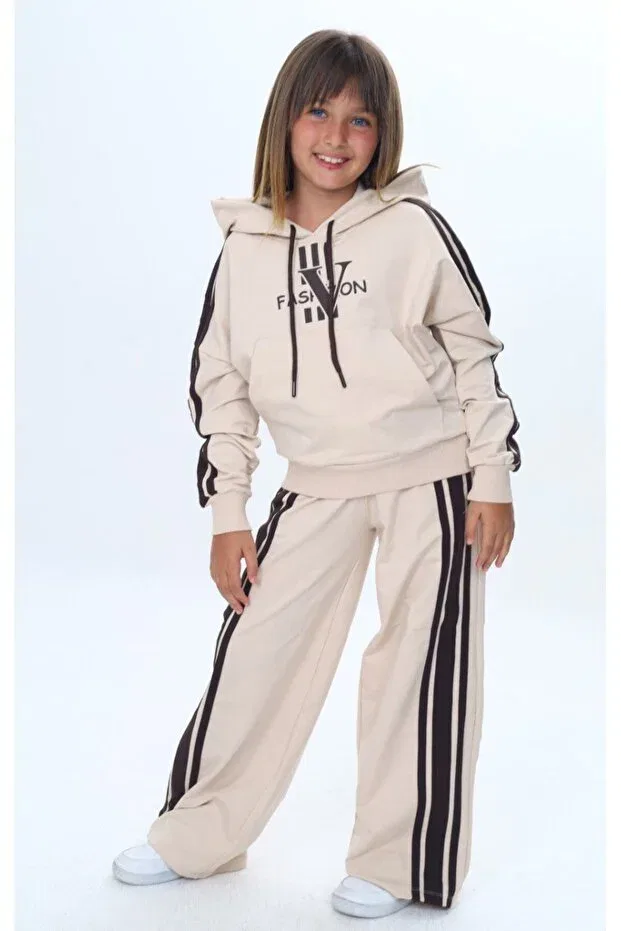 Детский спортивный комплект для мальчиков из двух предметов Oversize 2 thread girls sports bottom & top tracksuit set Joui Co, Beige — фото 2