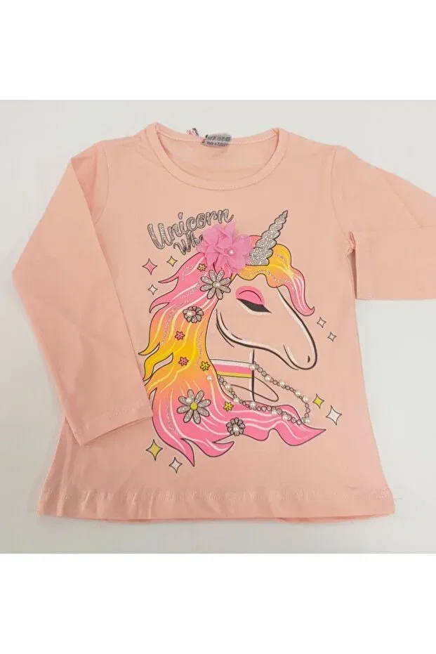 Детская футболка для девочек с принтом Girl'S Unicorn Printed Pearled T-Shirt Lully Kids, Salmon — фото 2