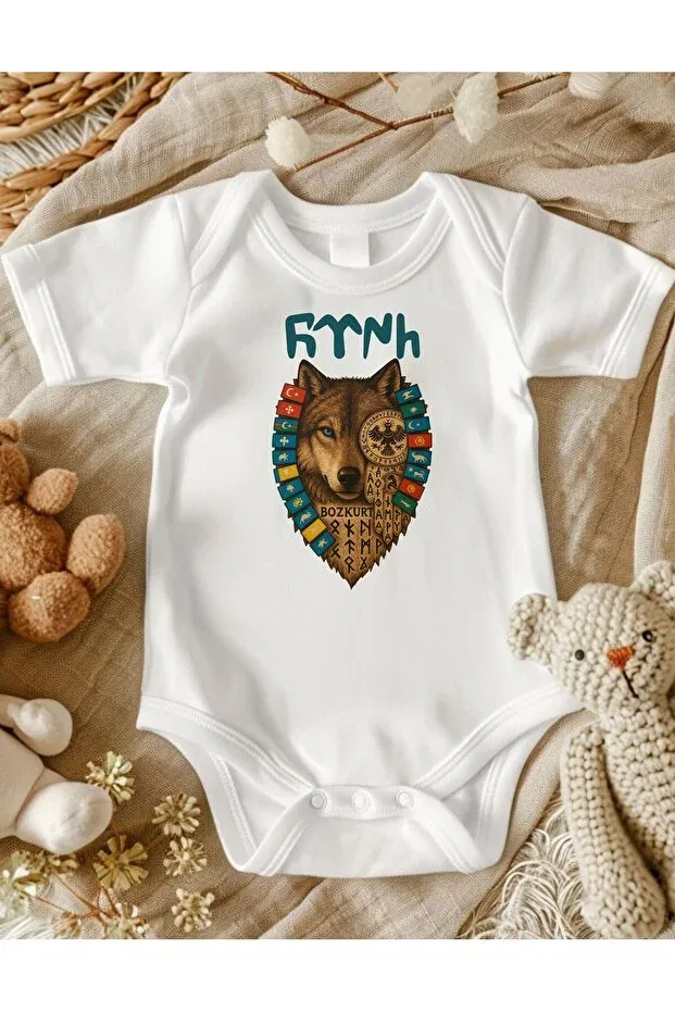 Детское боди для новорожденных с принтом Wolf-Themed Turkish Printed Lupi, Powder Boz