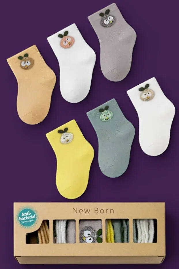Детские носки для новорожденных хлопковые набор 6 пар Organic cotton baby girl and boy socks unisex set of 6 boxed mixed newborn bear embroidered-beb013 Millenex, Multicolor