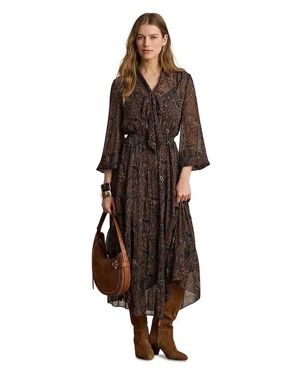Женское платье с принтом Paisley Georgette Tie Neck Tiered Dress Ralph Lauren, черный