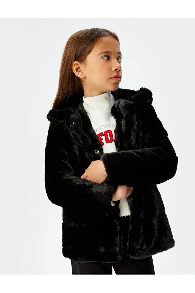Детское пальто для девочек с искусственным мехом Faux fur coat baby collar long sleeve Koton, Black — фото 2