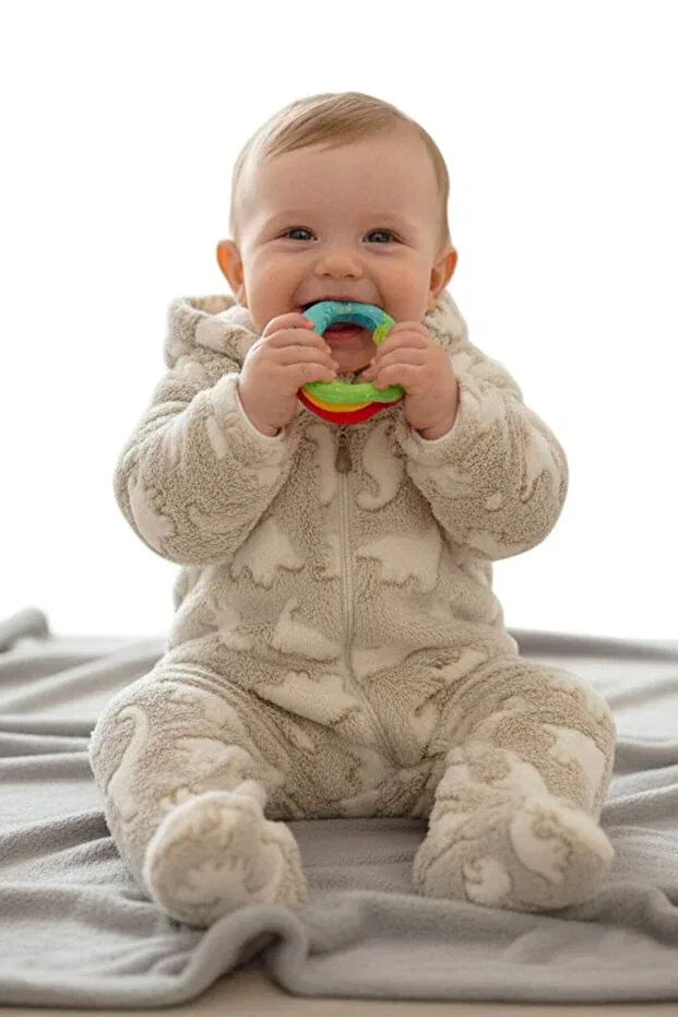 Детский комбинезон с принтом Dino pattern winter, thick welsoft plush, hooded, unisex baby girl and boy jumpsuit with zippered booties Mamman'S, Beige
