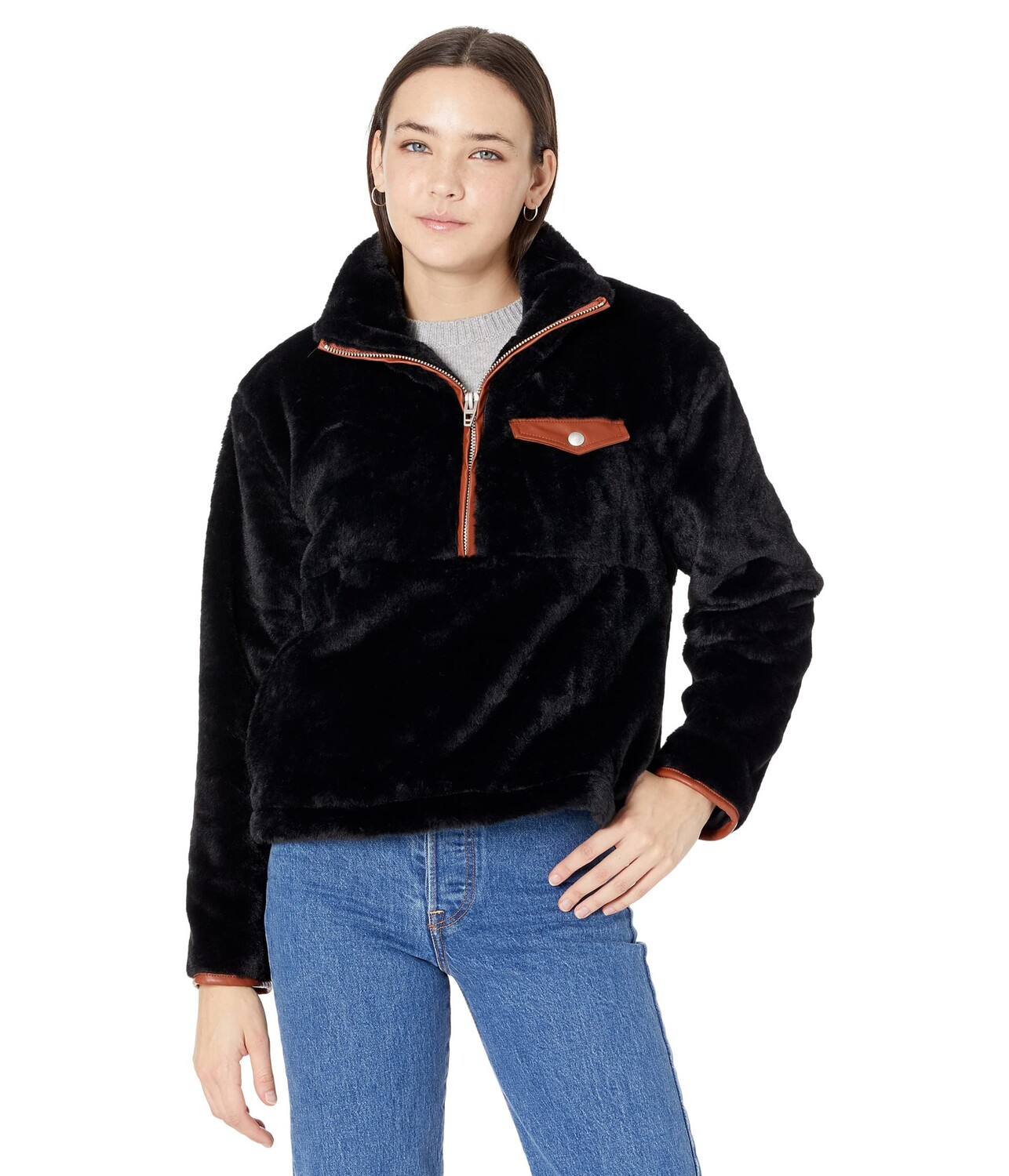

Пуловер Blank NYC, Black Faux Fur Pullover with Leather Trim, Черный, Пуловер Blank NYC, Black Faux Fur Pullover with Leather Trim