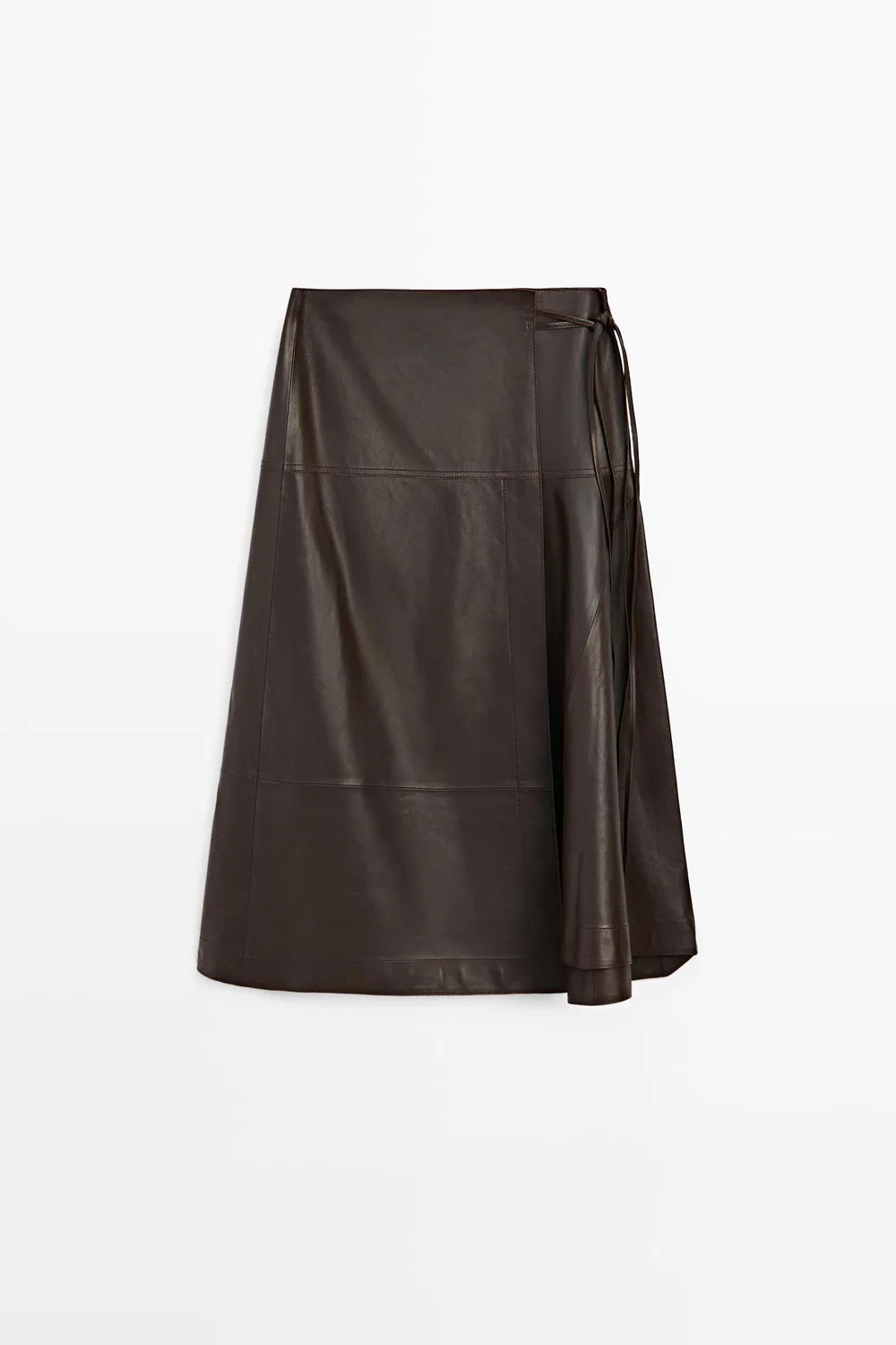 Юбка Massimo Dutti, миди, из кожи Наппа с завязками, коричневый — фото 2
