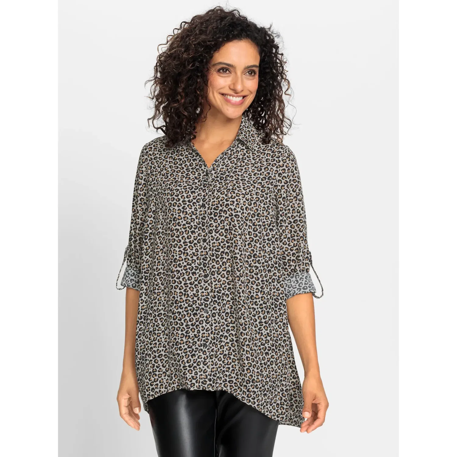 Женская длинная блуза свободного кроя Inspirationen, Black/Camel Print — фото 2