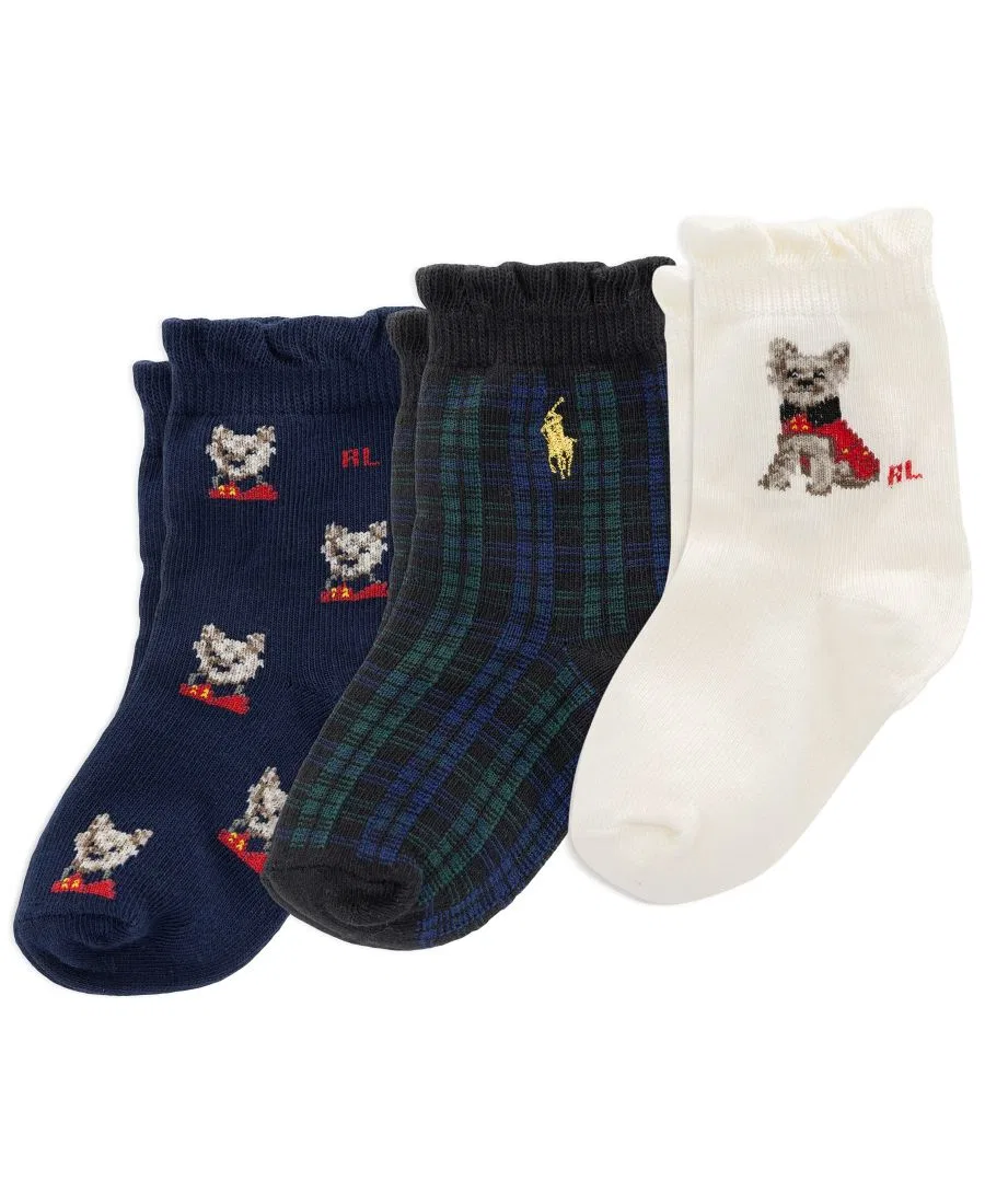 Комплект детских носков с рюшами, с принтом йоркширского терьера, 3 пары Polo Ralph Lauren, Ivory