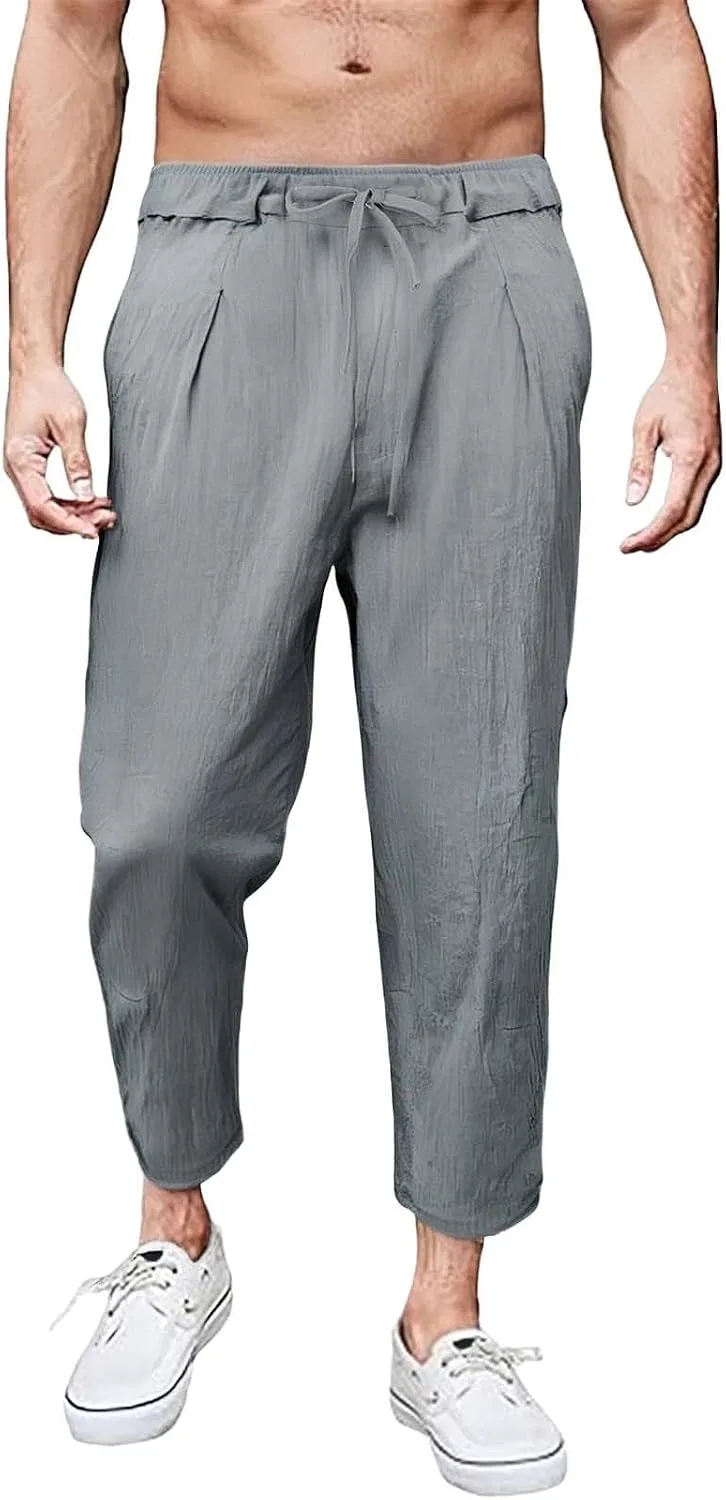 Мужские льняные брюки свободного кроя с завязками, Hippie Pants, серый