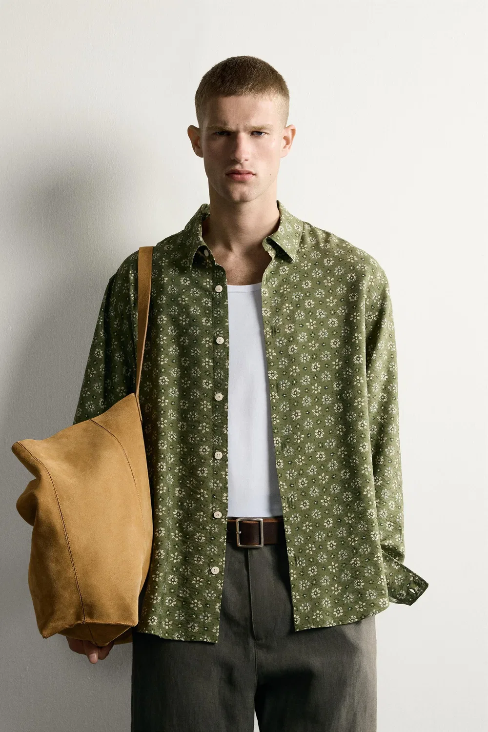 Свободная рубашка с цветочным принтом ZARA, Mid-green — фото 2