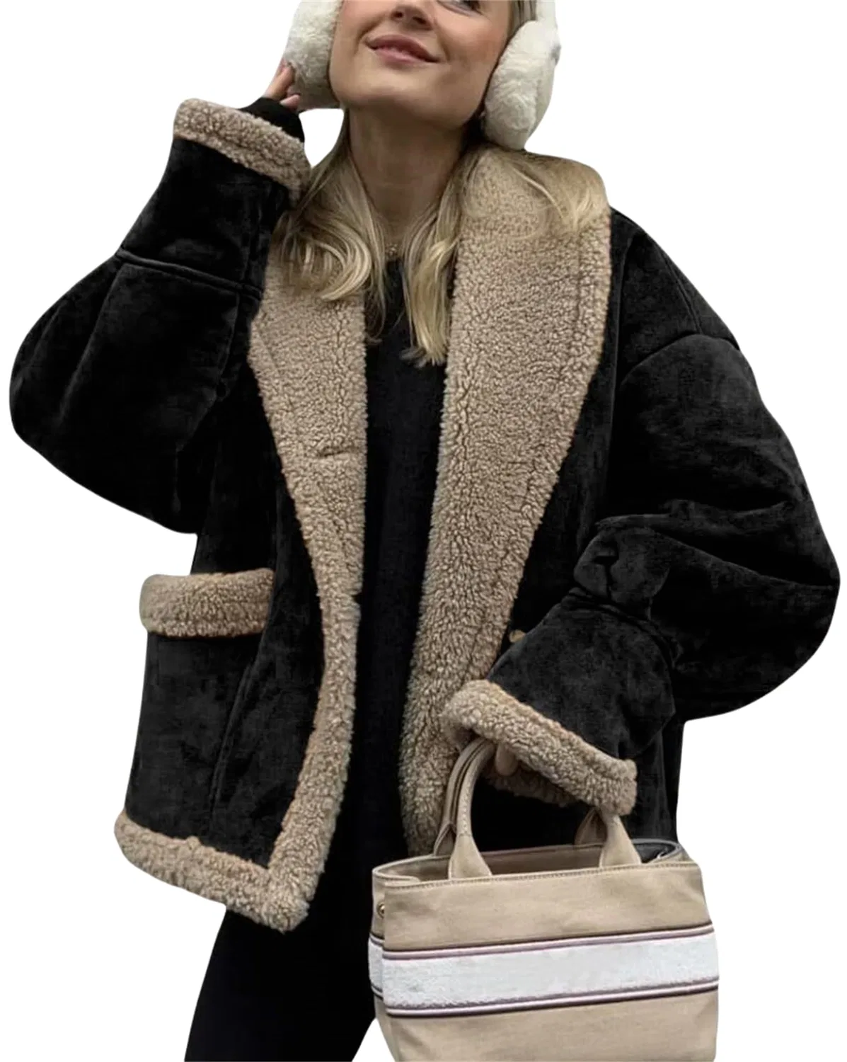 Женская куртка с подкладкой из шерпы, оверсайз, Faux Suede Leather Jacket, Black