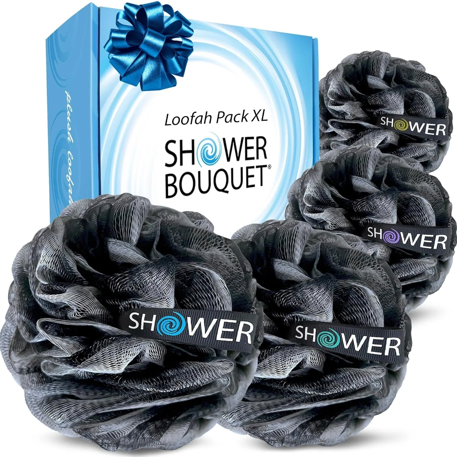 Мочалка для душа с древесным углем, XL, 75 г, набор 4 шт, Shower Bouquet