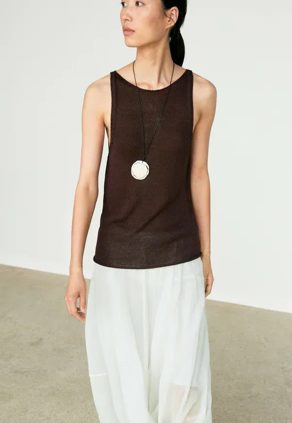 Топ с воротником-лодочкой Fine-Knit halter top Massimo Dutti, крапчатый темно-коричневый — фото 4