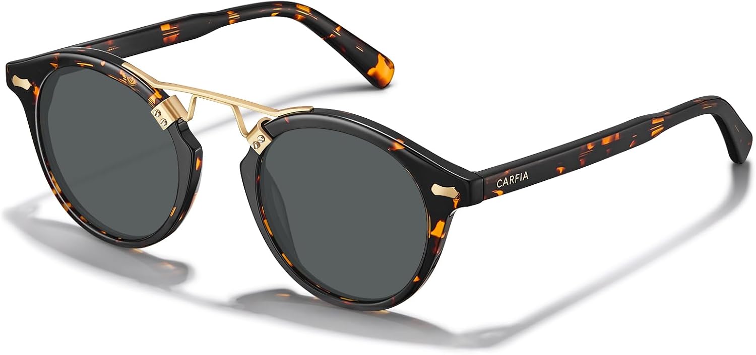 

Солнцезащитные очки CARFIA Small Face Acetate Polarized Sunglasses для женщин с защитой от УФ-излучения, в стиле ретро, ​​с двойной перемычкой и металлическими оправами, круглые, 6-0. Tortoise Frame Grey Lens