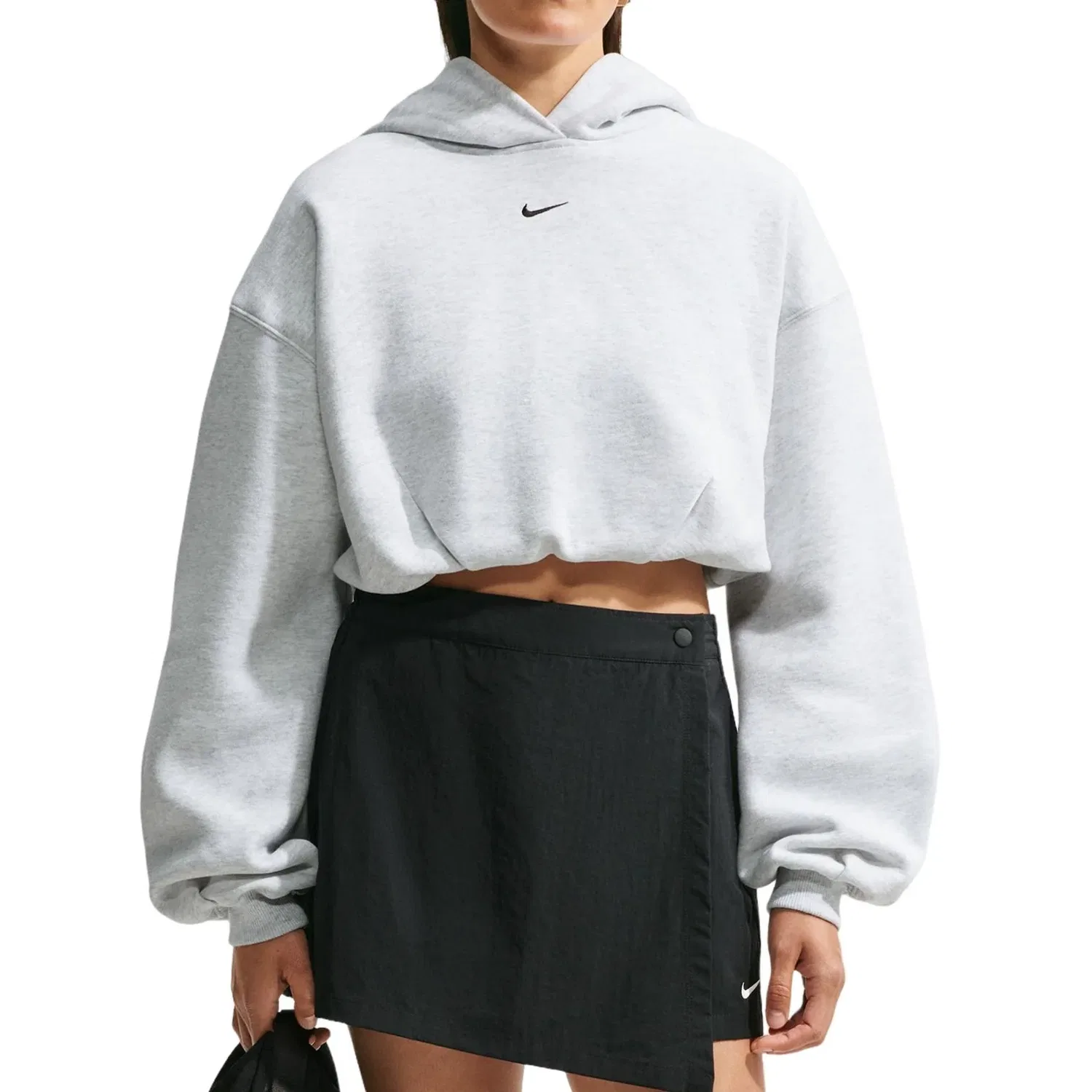 Женское худи Studio Fleece Medium Weight Oversized Cropped Hoodie 'Birch Heather Black' Nike, Birch Heather/Black — фото 3