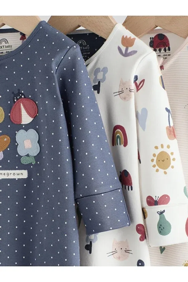 Детский комплект пижам с принтом Cotton Navy Blue Cream Floral Patterned 3-Piece Sleepsuit Set Next Baby, Multicolor — фото 3