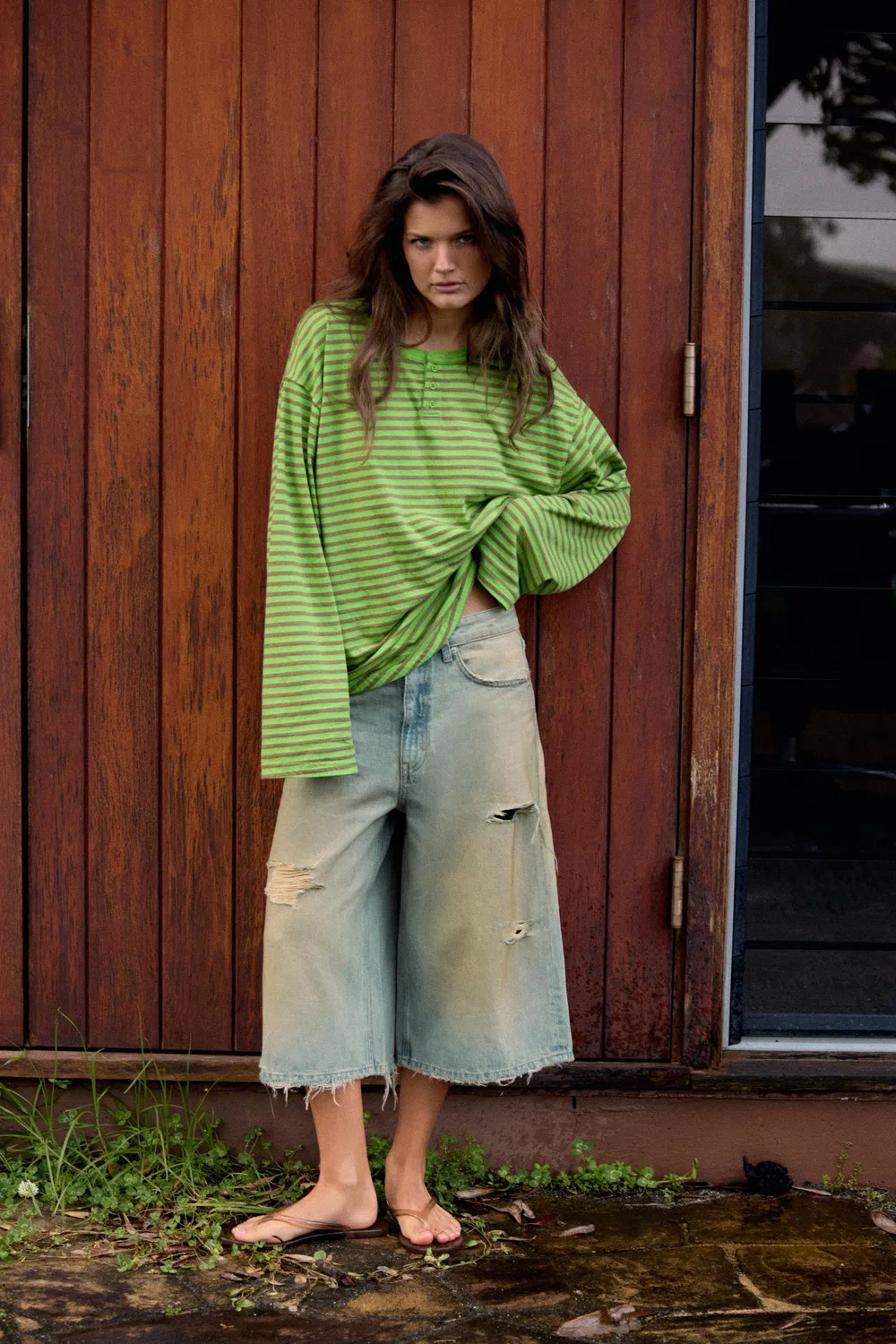 Полосатая футболка с длинными рукавами ZARA, Green