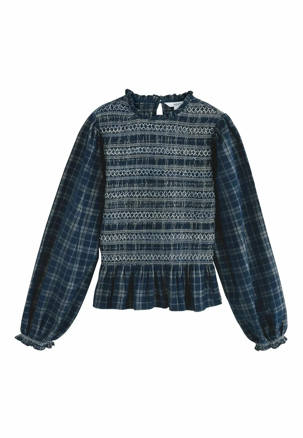 Блузка с длинными рукавами из вельвета со сборками - блузка Next, Navy Blue Check