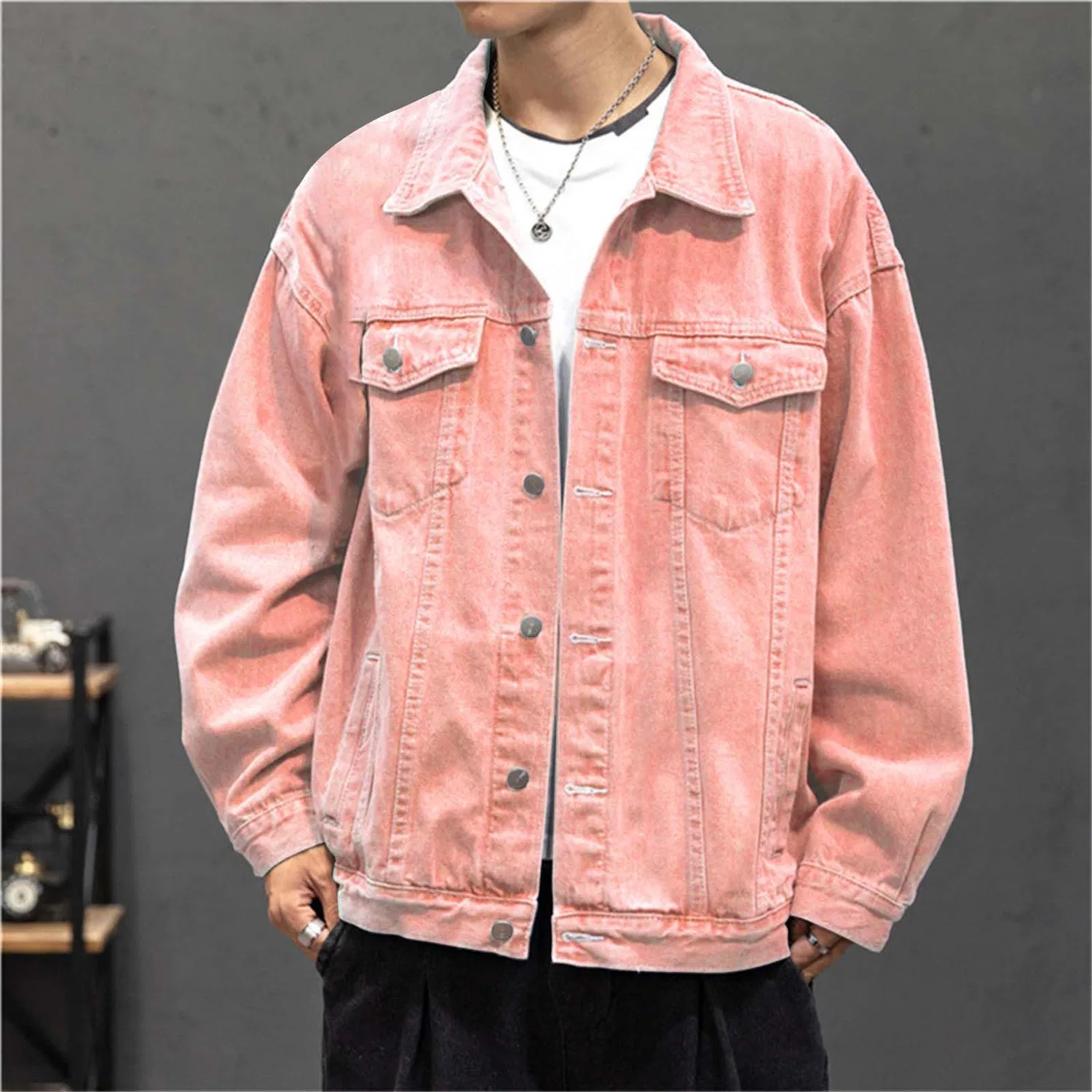 Мужская джинсовая куртка с длинным рукавом, классическая, Colour: Pink — фото 2