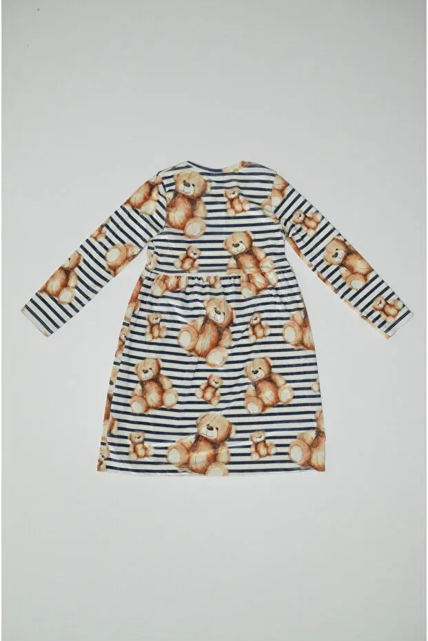 Детское платье для девочек с длинным рукавом Bear Printed Dress Baby Slon Kids Clup, Navy Blue — фото 2