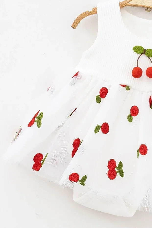 Детское платье для девочек хлопковое Cherry Detailed Tulle Dress Beniizle, White — фото 3