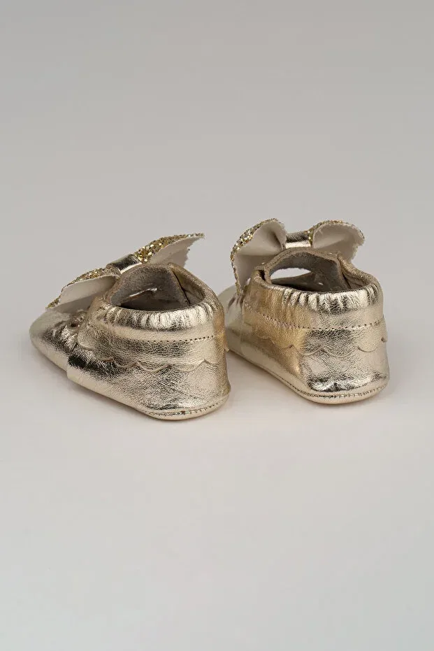 Детские мокасины для девочек из натуральной кожи Heart genuine leather baby moccasin gold ribbon Deriza, Gold — фото 4