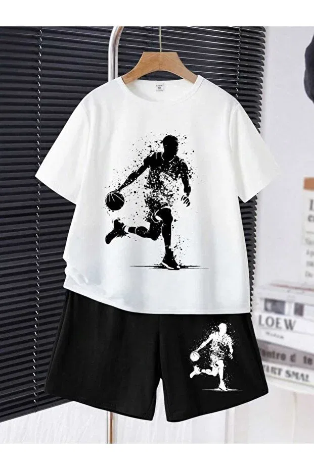 Детский комплект футболки и шорт с принтом Ball Playing Man Nice Clothes, Bottom Black Top White