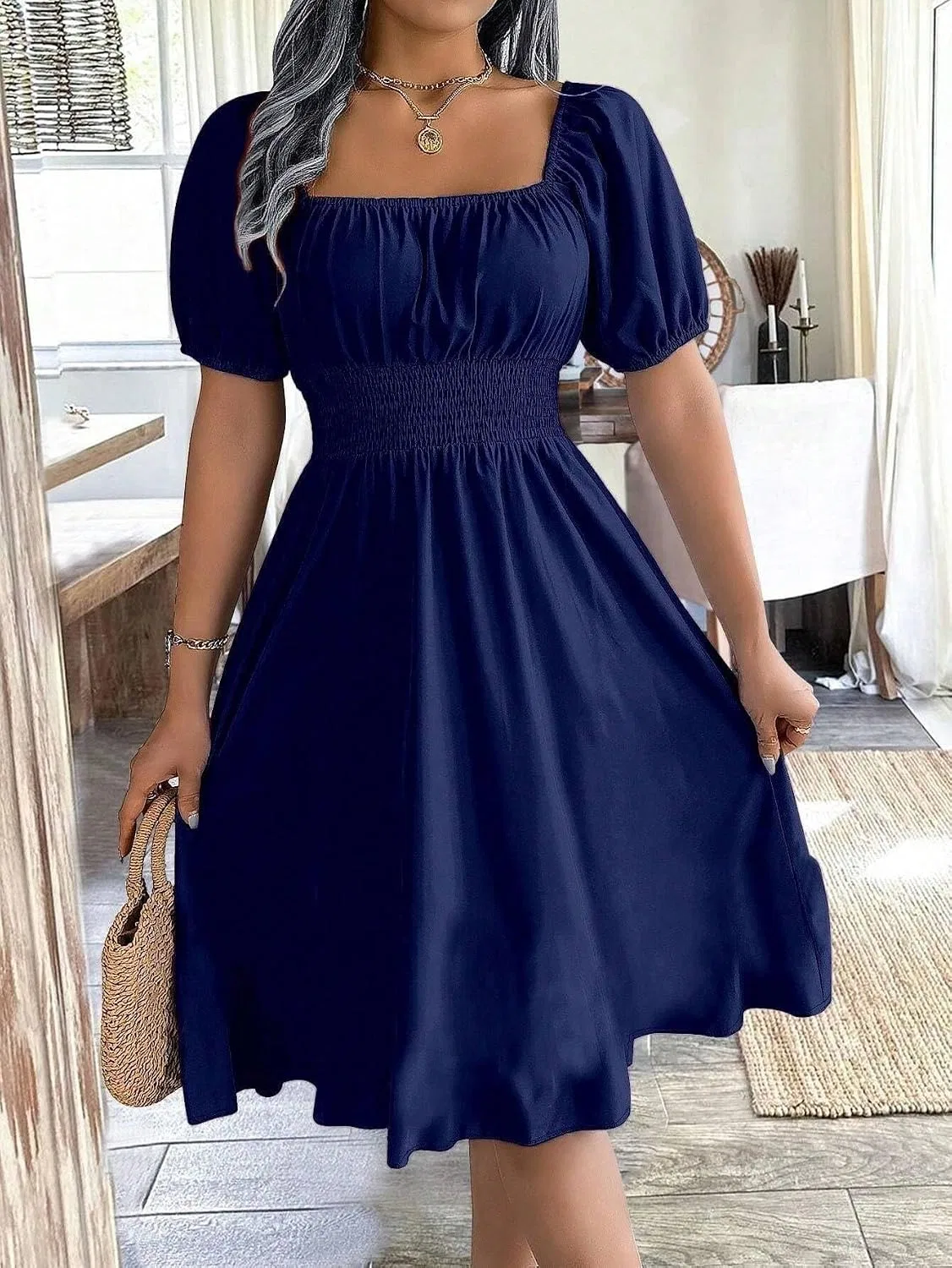 Женское повседневное платье миди с квадратным вырезом A-line, Navy Blue — фото 3