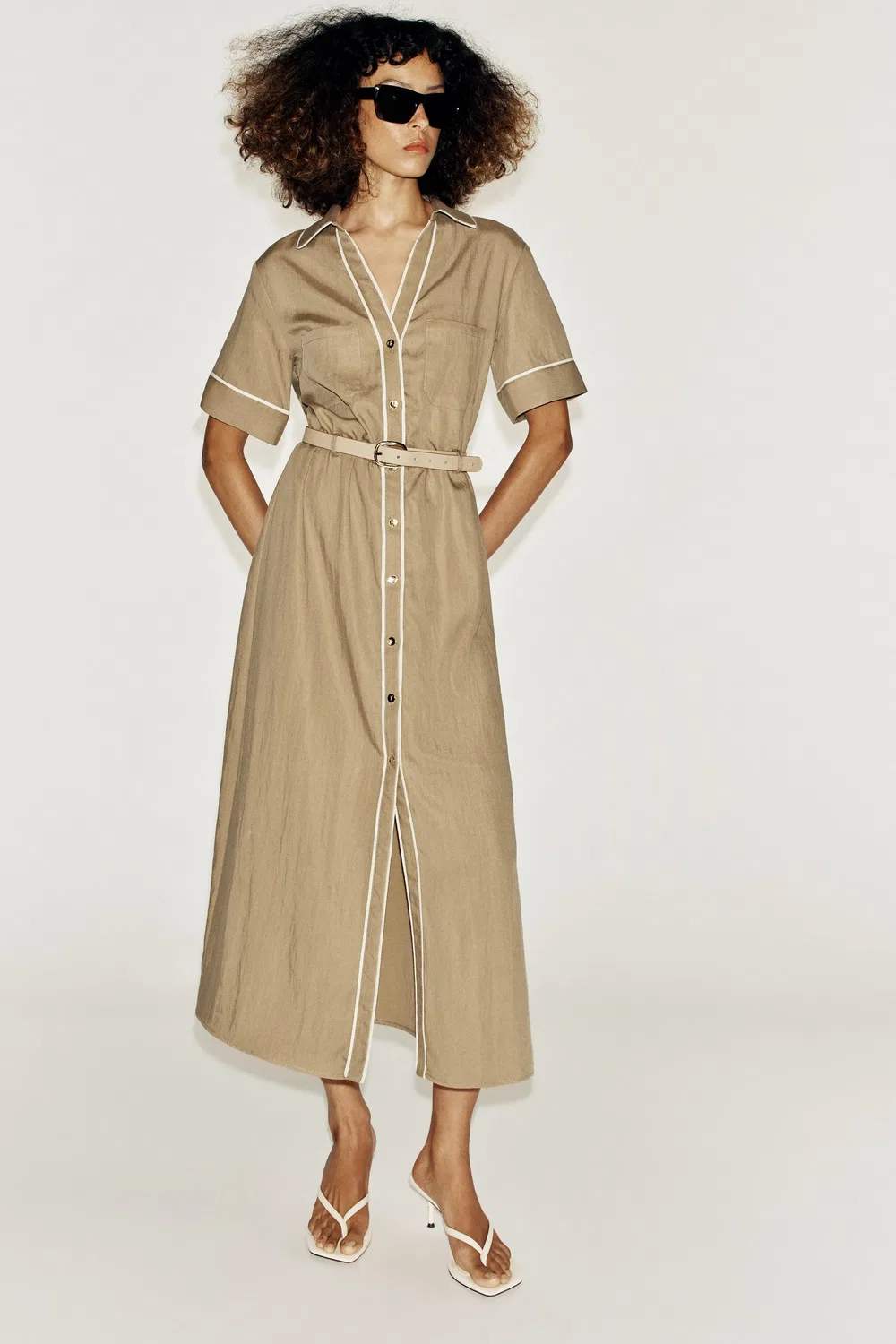 Платье миди с контрастной отделкой и поясом ZARA, Dark camel
