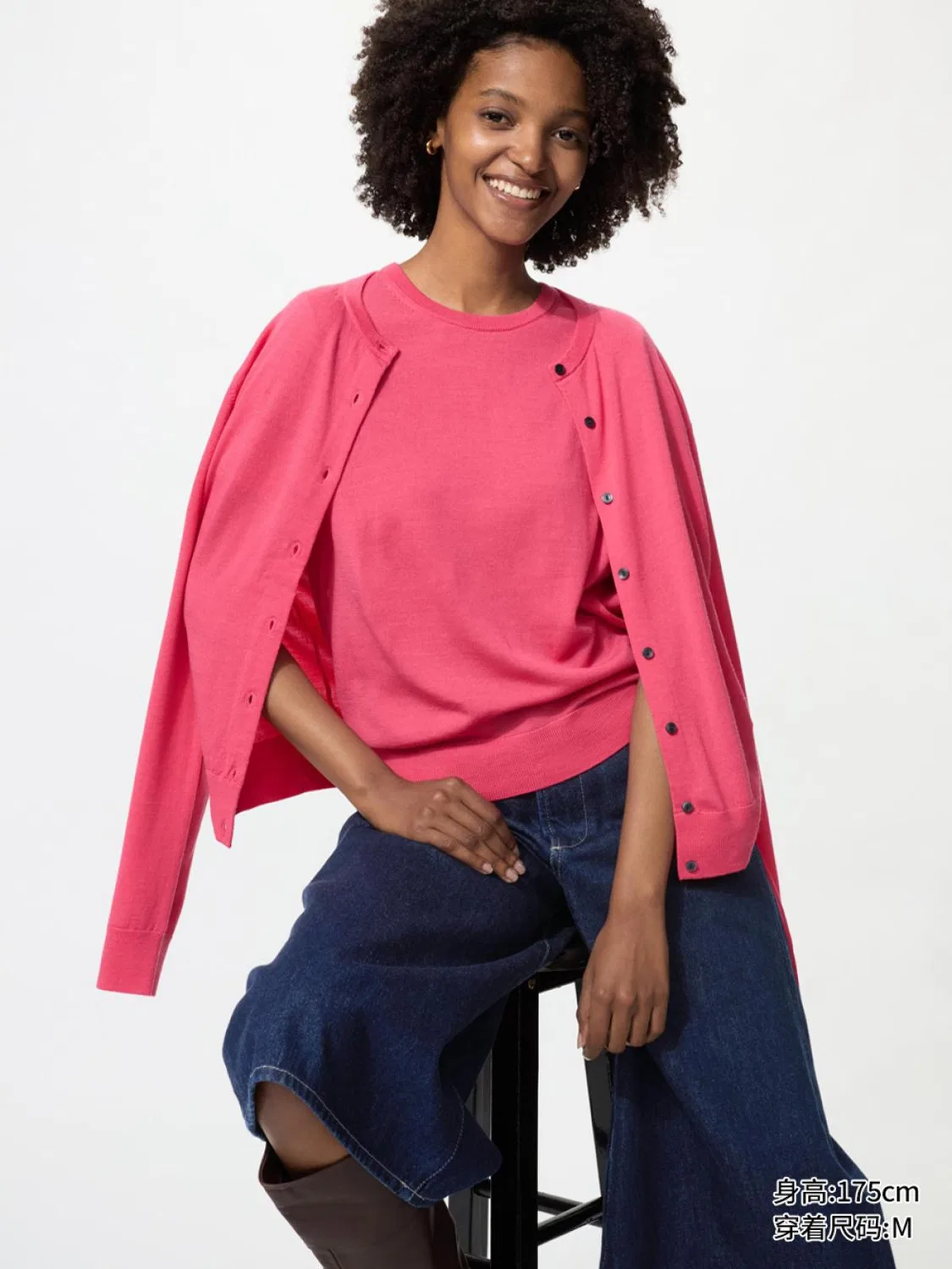Свитер из тонкой мериносовой шерсти с коротким рукавом с круглым вырезом Uniqlo, розовый
