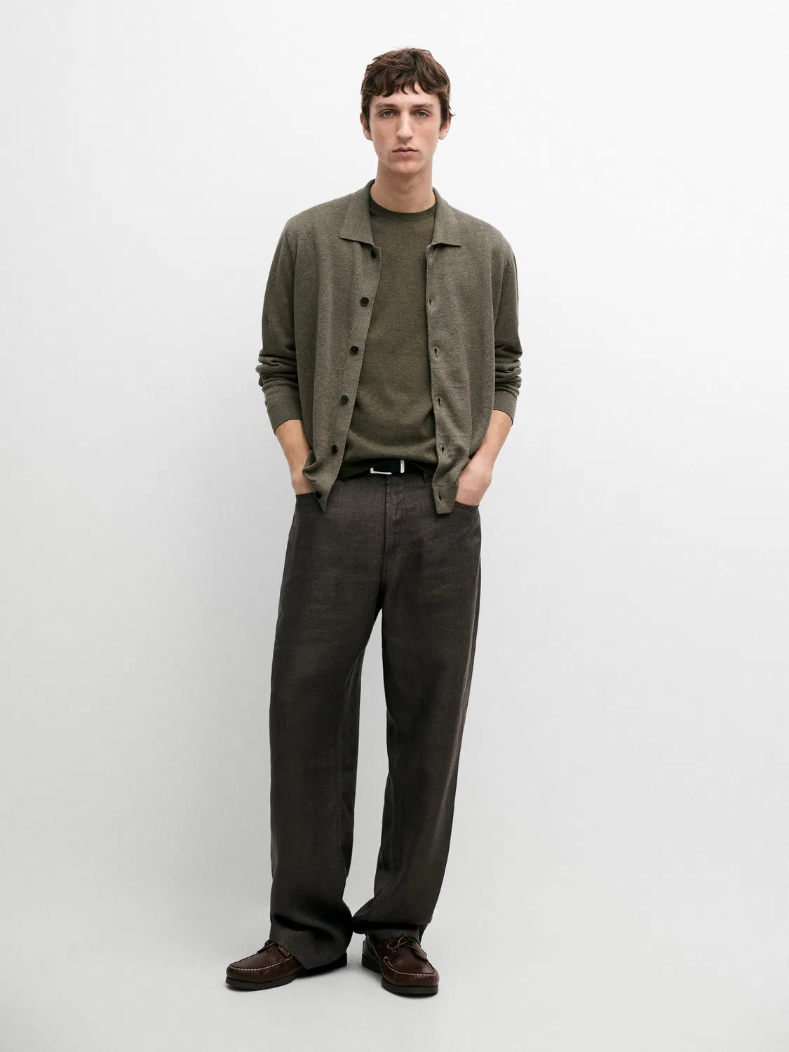 Вязаный кардиган из льна с пуговицами Massimo Dutti, Pale Khaki