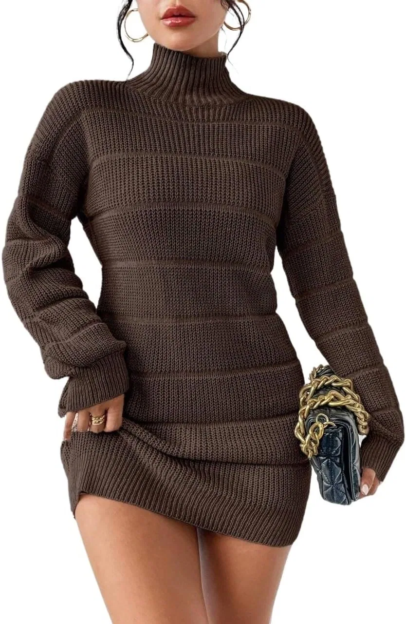 Женское повседневное платье с высоким воротом Rib-Knit, Coffee Brown